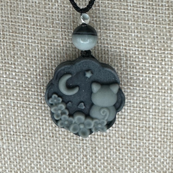 Tai Chi Stone Cat and Moon Pendant Necklace: Silver Accent on Adjustable Rope - Picture 5 of 10